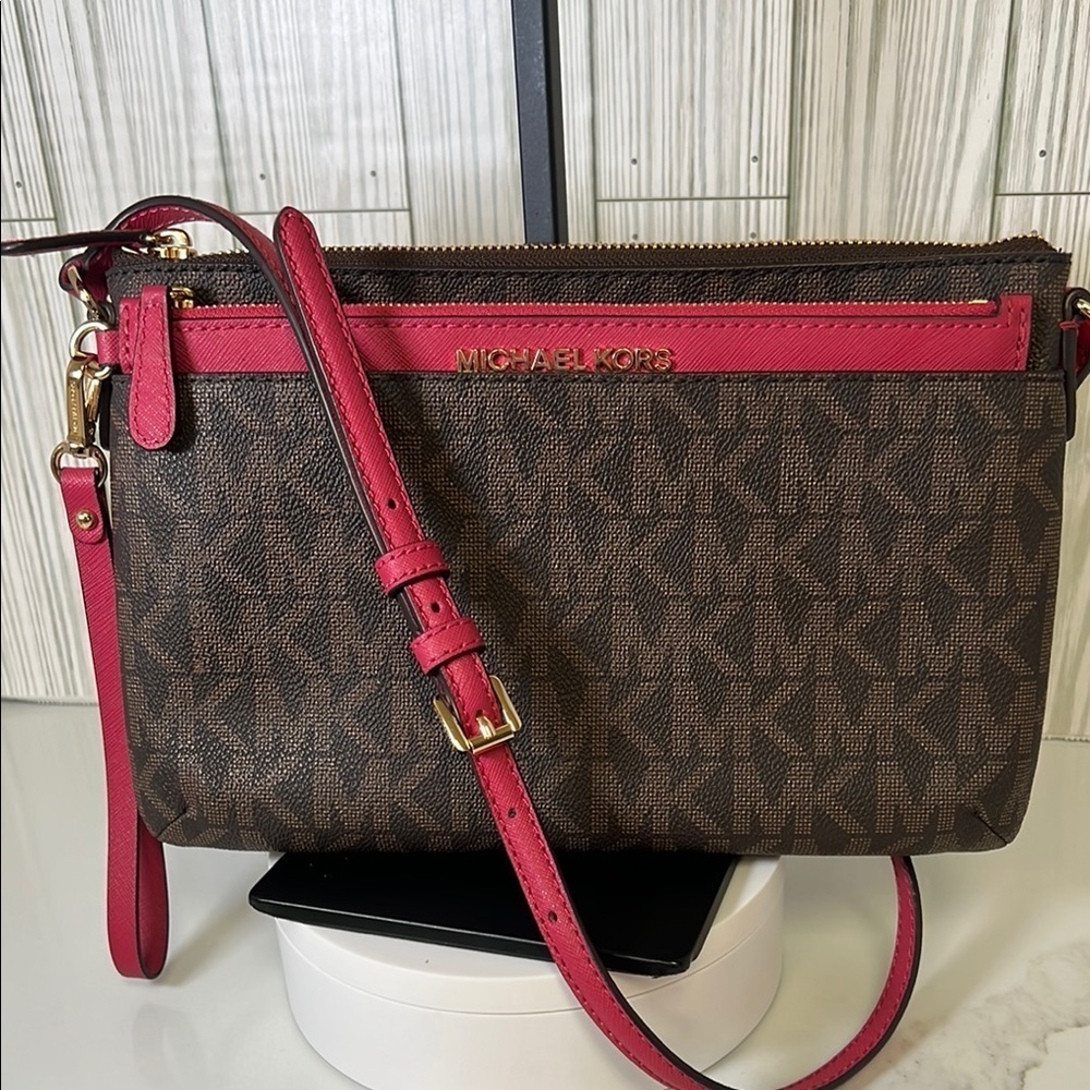Michael Kors Signature Brown and Pink  Crossbody Bag
